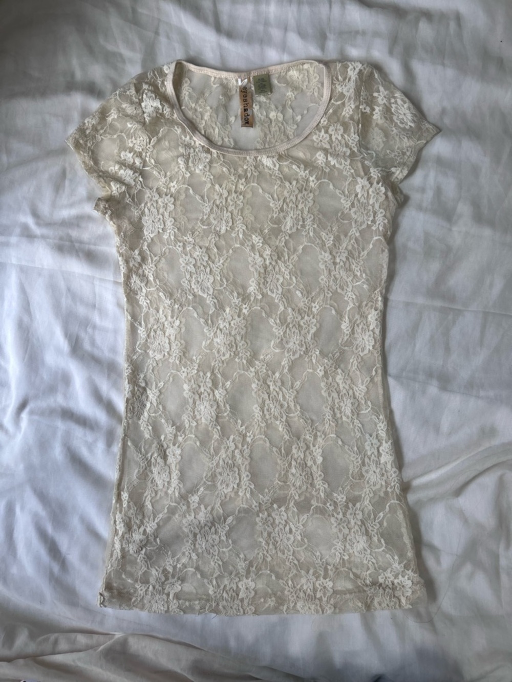 Eyeshadow Cream Lace Y2K VTG 2000s Tee Shirt Long Top Cotton Nylon Women's EUC